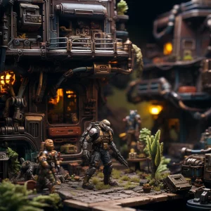 3D printed sci-fi terrain scene featuring modular building entrance, and atmospheric scatter terrain pieces